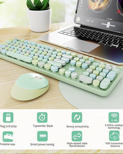 Wireless Keyboard and Mouse Combo, Ergonomic Full Size Typewriter Retro Round Keycaps Keyboard, Compatible with Windows, PC, Perfer for Home and Office Keyboards (Green