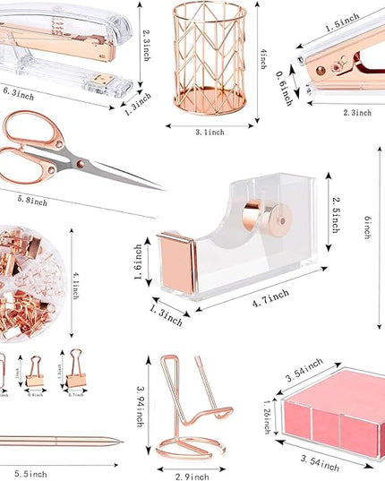 Rose Gold Office Supplies and Accessories, Acrylic Stapler, Staple Remover, Tape Holder, Ballpoint Pen, Scissor, Binder Clips, Staples, Phone Holder, Ruler, Transparent Glue and 300 Notes