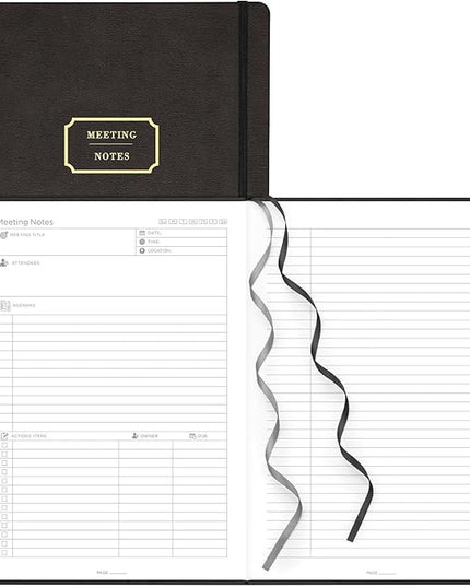 EMSHOI Meeting Notebook for Work with Sticky Tabs - 240 Pages, A4 Size Project Planner, PU Leather Meeting Agenda/Minutes Organizer for Women Men, Note Taking, Office & Business, 8.3"x11.7", Black