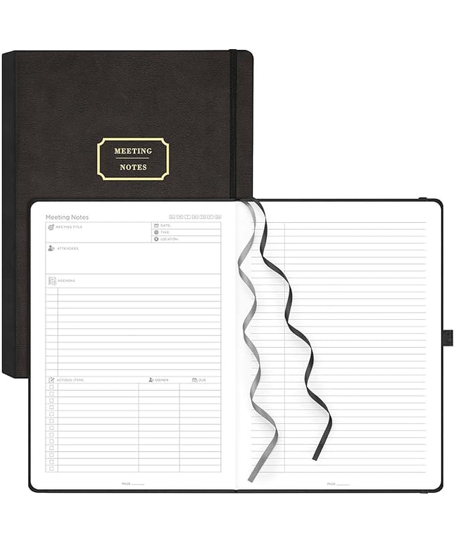 EMSHOI Meeting Notebook for Work with Sticky Tabs - 240 Pages, A4 Size Project Planner, PU Leather Meeting Agenda/Minutes Organizer for Women Men, Note Taking, Office & Business, 8.3"x11.7", Black