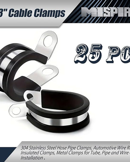 7/8 Inch Rubber Cable Clamps 25 PCS, 304 Stainless Steel Hose Pipe Clamps, Automotive Wire Rubber Insulated Clamps, Metal Clamps for Tube, Pipe and Wire Cord Installation