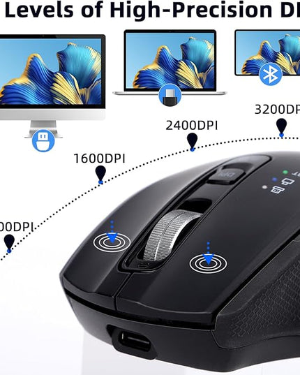 Wireless Mouse with Bluetooth, USB-A, USB-C Receiver, Rechargeable, Full-Size Mouse, Silent, Ergonomic, for MacBook/Laptop/Computer/PC/iPad-Black
