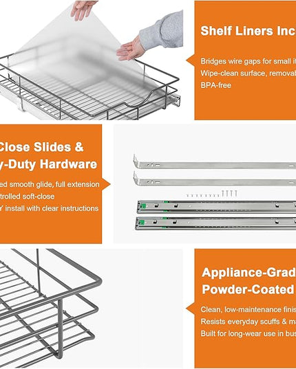 ALINE FURNITURE Pull Out Shelves - 20" W x 22" D Soft Close Pull Out Cabinet Organizer 1 Tier - Slide Out Drawers with Shelf Liner, Heavy Duty Steel Wire Baskets for Kitchen Cabinets, Pantry, Bathroom