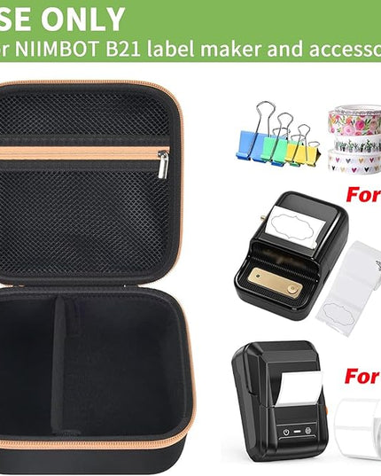 ALKOO Case Compatible with NIIMBOT B21 / B1 Label Maker Wireless Thermal Label Printer, Holder for Inkless Label Maker & Labeling Tapes Refills, with Mesh Pocket for Cable Accessories (Black)