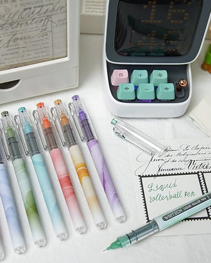 WRITECH Liquid Ink Rollerball Pens: Multi Colored 0.5mm Extra Fine Point Tip Rolling Roller Ball Pen 8ct Assorted Colors for Journaling Smooth Writing Note Taking No Bleed & Smudge & Smear