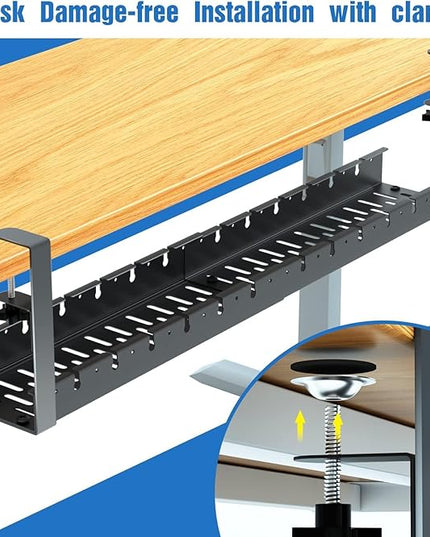 No Drilling Extendable Under Desk Cable Management, Metal Cable Management Tray Under Desk with Clamp, Retractable Power Strip Cord Holder for Wire Management 31Inch (2 Pack Extendable 31')