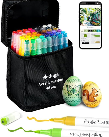 YHC 48 Colors Acrylic Paint Pens with Free App, Dual Tip Acrylic Paint Markers with Brush Tip and Fine Tip for Adults, Eggs, Wood, Rock, Canvas, Plastic, Stone, Glass, Ceramic