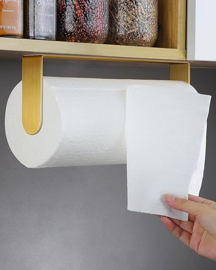 YIGII Adhesive Paper Towel Holder Under Cabinet - Single Hand Operable Paper Towel Rack Stick on Counter for Kitchen, SUS-304 Stainless Steel (Brushed Gold)
