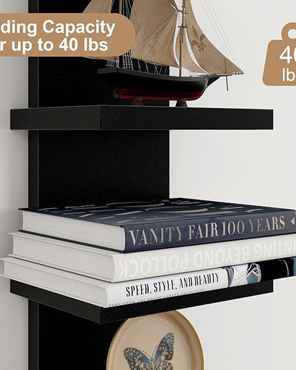 Fun Memories 5 Tier Wall Shelf Unit, Black Floating Shelves for Storage - Vertical Column Tower Design, Lack Wall Shelf Space Saving Organizer for Bedroom, Living Room, Home Decor， 2Pack