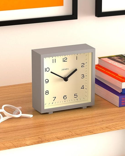 JONES CLOCKS® Disco Desk Clock | Sleek Square Design | Gray | Stylish and Easy to Read for Shelf, Table, Mantel or Bedside