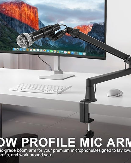 Low Profile Mic Arm 15cm Extra Riser Adjustable Mic Boom Arm Metal Desk Mounted Microphone Stand Cable Management Flexible Microphone Holder for Podcast Streaming Gaming Desktop