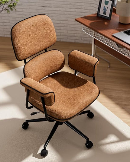 Fabric Office Chair with Granular Linen, Mid Back Vintage Desk Chair with Wheels and Wide Arms, Mid Century Modern Home Office Desk Chairs with Memory Foam Seat Cushion, Adjustable Height, Brown