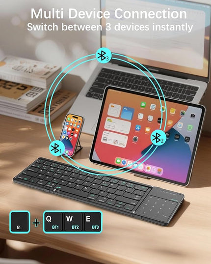 Nillkin Upgraded Foldable Bluetooth Keyboard with Touchpad & Number Pad, Portable Wireless Keyboard for Travel, Pocket-Sized, Full Size Keys, Support 3 Devices for iPad Laptop Tablets Phone, Black