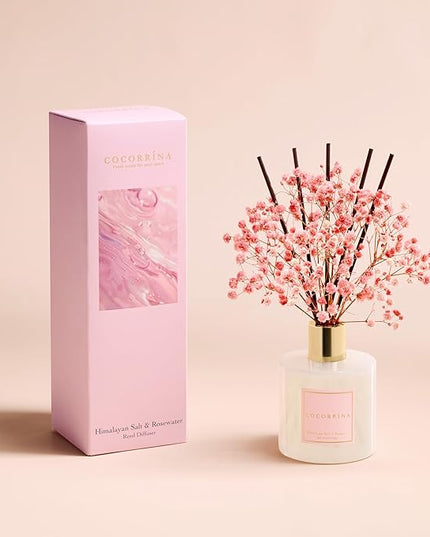 COCORRÍNA Reed Diffuser - Himalayan Salt & Rosewater 6.7 Fl.oz Reed Diffuser Set with Sticks & Preserved Baby's Breath, Reed Diffuser for Home Bathroom Shelf Decor