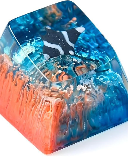 Manta Ray Artisan Keycap Blue Orange Ocean Coral R1 SA Profile Custom Sea Creatures Keycaps 1U ESC Handmade Gaming Resin Key Cap Cherry MX Switch Compatible Mechanical Keyboard Manta Ray Lover Gift