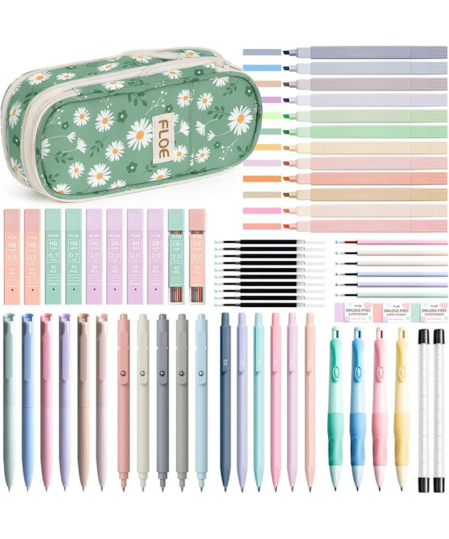 65PCS Aesthetic School Supplies with Cute Pencil Case, Pastel Highlighters Gel Pens Mechanical Pencils Set 0.5 0.7 & 2.0mm, Office Back to School Supplies College Essentials Kit Student Stationary Set