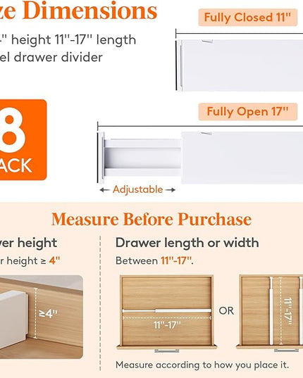 Lifewit 8 Pack Drawer Dividers 4" High, 11-17" Adjustable Dresser Drawer Organizers for Clothes, Expandable Drawer Separators in Kitchen/Bedroom/Bathroom/Vanity/Office Organization and Storage, White