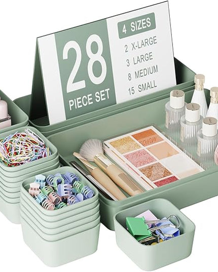 28 pcs Desk Drawer Organizer Tray, Multiple Sizes Plastic Drawer Organizer Storage, Stackable Organizer Containers For Makeup, Bedroom, Kitchen Gadgets Utensils and Office