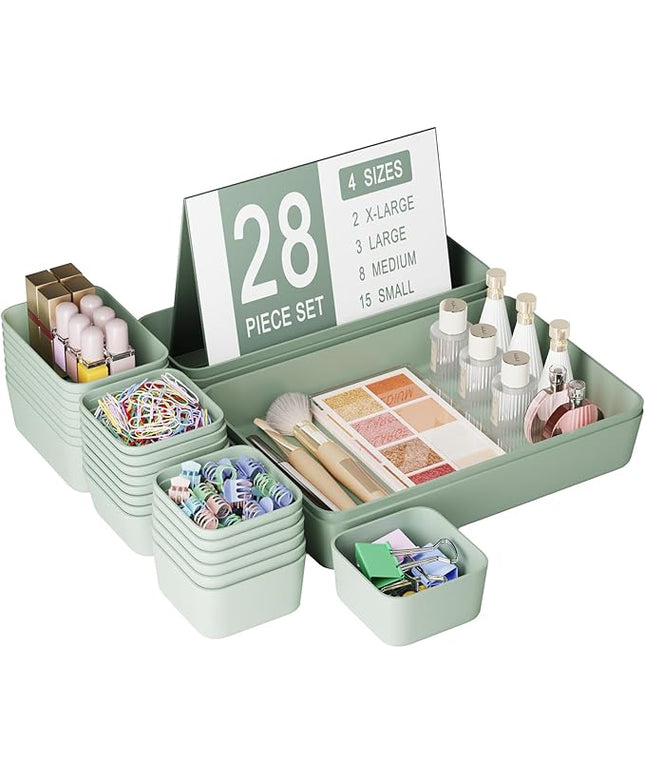 28 pcs Desk Drawer Organizer Tray, Multiple Sizes Plastic Drawer Organizer Storage, Stackable Organizer Containers For Makeup, Bedroom, Kitchen Gadgets Utensils and Office