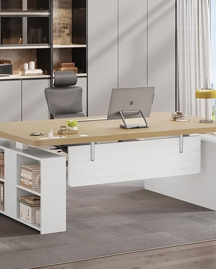 SEDETA 63" Executive Standing Desk with Storage, Executive Height Adjustable Desk with Power Outlets, Large Computer Office Desk with Privacy Panel for Home Office, Natural Oak