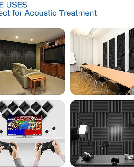 52 pack Acoustic Panels Self-Adhesive, 1" X 12" X 12" Quick-Recovery Sound Proof Foam Panels, Acoustic Foam Wedges High Density, Soundproof Wall Panels for Home Studio,black-01