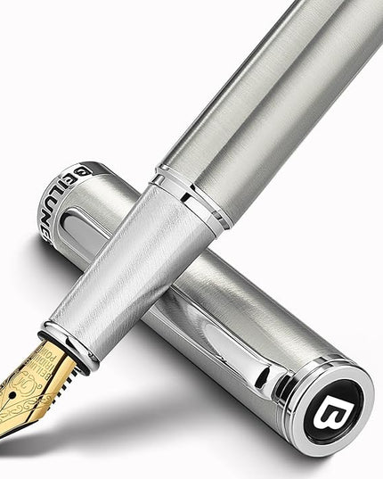 BEILUNER Luxury Fountain Pen Set, Solid 24K Gilded Medium Nib, Silver Stainless Steel Body- Includes 6 Ink Cartridges & Ink Refill Converter with Gift Case - Nice pen for Men and Women