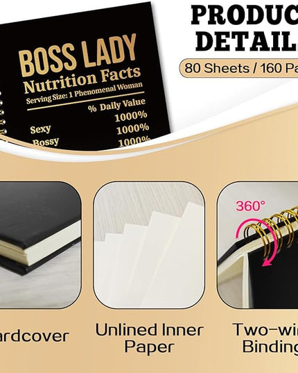 YAZMEEN Boss Lady Black Gold Spiral Notebook（160 Pages） Boss Lady Nutrition Facts Blank Hardcover Notebook Funny Thank You Gift for Girl Boss Retirement Leaving Gift for Women Boss Leader Colleague