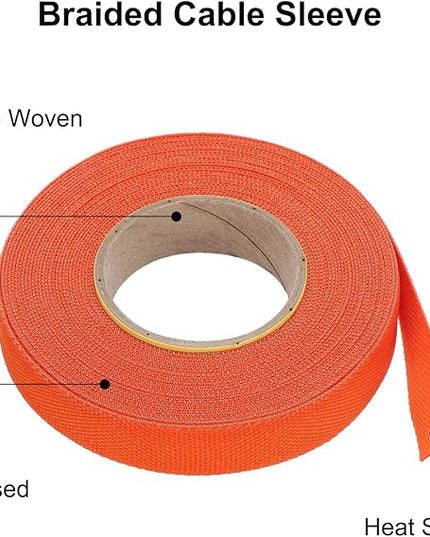 MECCANIXITY Braided Cable Sleeves Heat Shrinkable Fabric Sleeving, 1/2" 33ft Orange 2:1 Ratio Heat Shrinkable Cord Protector for Harness Cable, Network Cable Protection, Cable Management