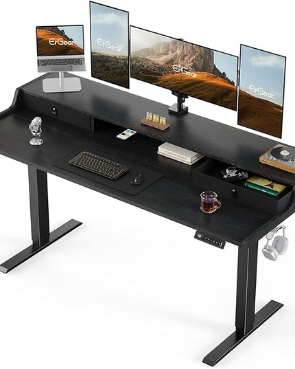 ErGear Electric Standing Desk with Drawers, 63″ x 28″ Gaming Table Compatible Monitor Stand, Stand up Desks, Home Office Height-Adjustable Desk with Storage Shelf, 4 Preset Heights, Black