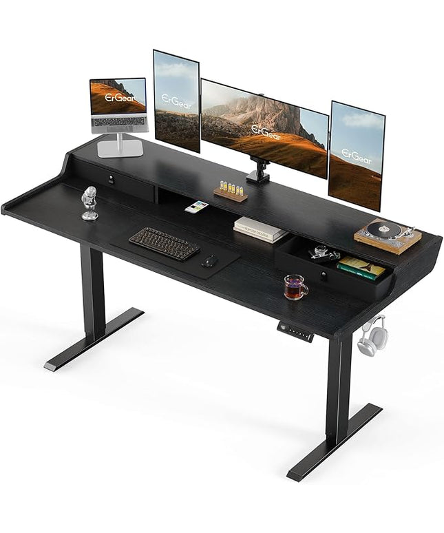 ErGear Electric Standing Desk with Drawers, 63″ x 28″ Gaming Table Compatible Monitor Stand, Stand up Desks, Home Office Height-Adjustable Desk with Storage Shelf, 4 Preset Heights, Black