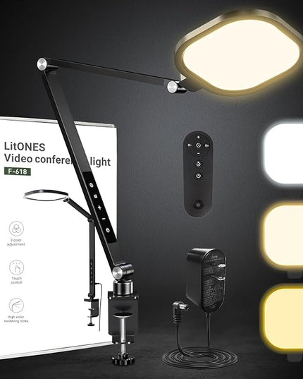 Video Conference Lighting for Computer, Dimmable Light for Video Recording, Meeting, Laptop & Webcam, 15W Ring Light for Desk with C- Clamp, Swing Arm, Remote, Memory & Timer CRI >95
