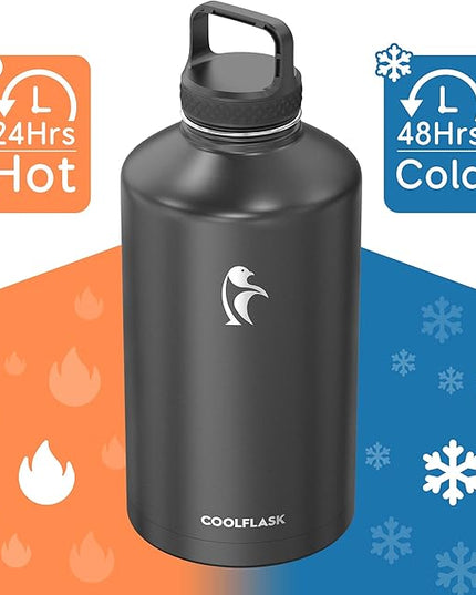 Coolflask Gallon Water Bottle Insulated with Straw&3 Lids, 128 oz Water Jug Large Stainless Steel Metal Vacuum Wide Mouth for Sports, Gym or Office, Non-BPA Keep Cold 48H Hot 24H, Magic Black