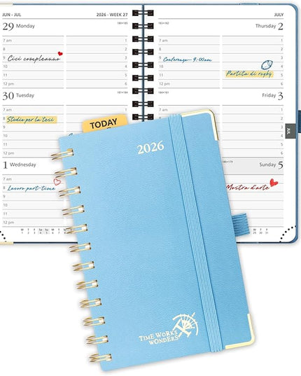 POPRUN 2026 Planner (Pocket Size 4''x 6.25'' Wire-Bond Hard Cover) Calendar Weekly and Monthly (Jan.2026-Dec.2026) Small Planner with Hourly Time Slots, for Purse, 100 GSM - Haze Blue