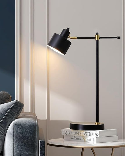 OYEARS Modern Industrial Desk Lamp for Reading LED 22.2“ Metal Table Lamp Light for Office Bedroom Study Room Living Room Nightstand Bedside Lamps Gold and Matte Black Accent (Black, Bulb Included)