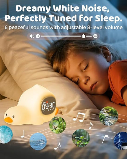 Laying Duck Alarm Clock with Night Light for Kids with Sleep Training and Sound Machine, Rechargeable Silicone Lamp OK to Wake Clock，Cute Animal Tabletop Lamp, Perfect Sleep Companion for Boys Girls