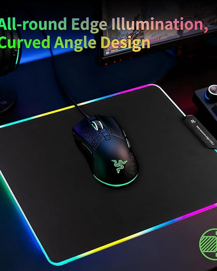RGB Glass Mouse Pad for Gaming, Professional Esport Ultra Smooth Mouse Mat, Dimmable Border Lighting Color Mousepad with Stable Rubber Base, Speed Control for Games and Office (Black, 13.8" x 10.2")