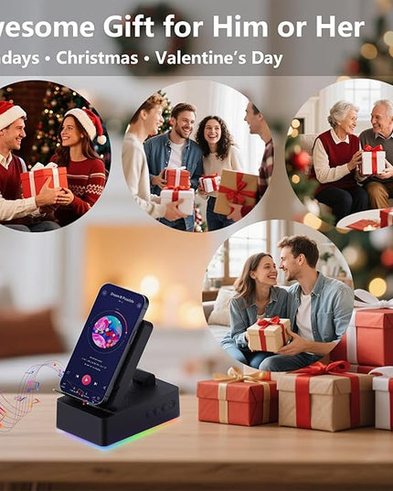 Wireless Induction Bluetooth Speaker, 5-in-1 Foldable Phone Holder, 1500mAh Emergency Charging, Colorful LED Ambient Light, Tech Gadgets Gifts for Men Women, for iPhone Android Tablet, Black