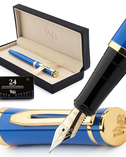 Wordsworth & Black Fountain Pen Set, 18K Gilded Extra Fine Nib, Includes 24 Pack Ink Cartridges, Ink Refill Converter & Gift Box, Gold Finish, Calligraphy, [Imperial Blue], Perfect for Men & Women