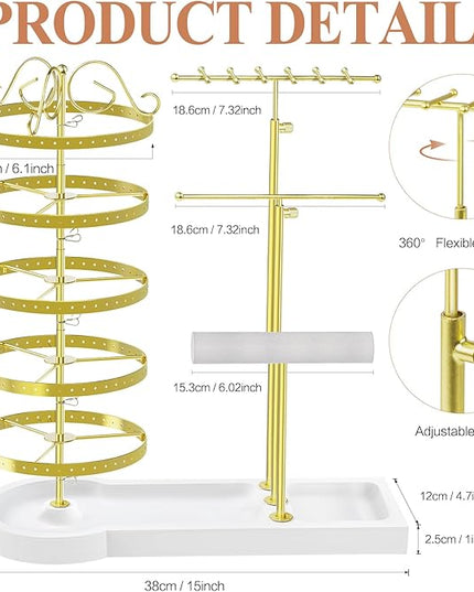 Jewelry Earring Holder Organizer, Adjustable 5 Tiers Rotating Earring Holder 3 Tier Necklace Holder with Wooden Base, Multi-Functional Jewelry Organizer Display Stand for Studs Bracelet Women(Gold)