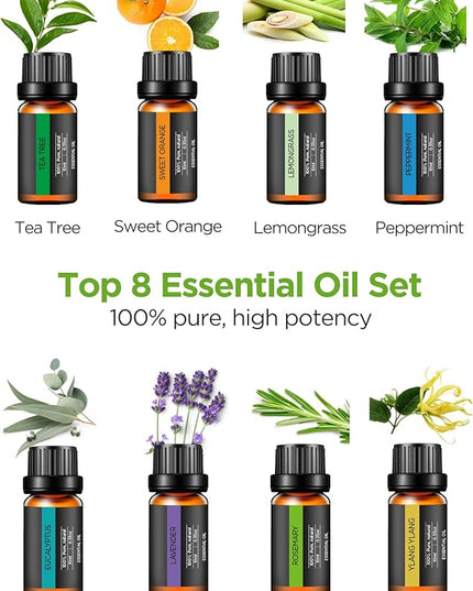 InnoGear Aromatherapy Diffuser & 8 Essential Oils Set, 300ml Premium 5-in-1 Ultrasonic Essential Oil Diffusers Scent Humidifier Aroma Diffuser Vaporizer Auto-Off Timer for Room Office Home, Yellow