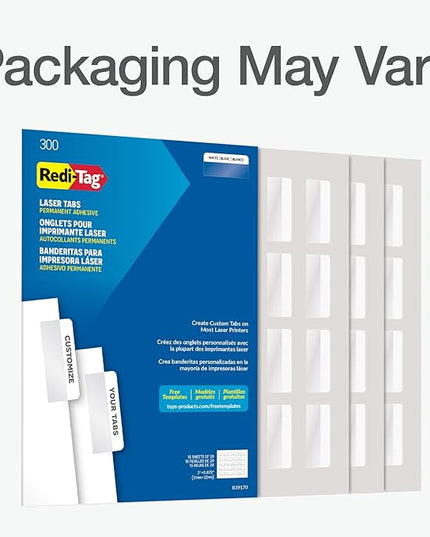 Redi-Tag Laser Printable Tabs, Permanent Index Tabs, Customizable Adhesive Labels, White, 2" x 0.875", 300 Per Pack (B39170)