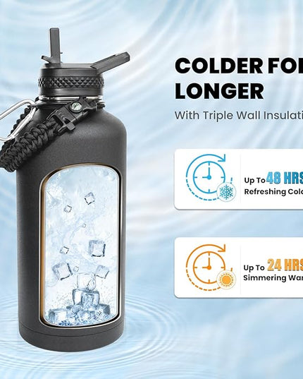 Insulated Water Bottle 87 oz, Triple Wall Vacuum Stainless Steel (Cold for 48 Hrs), Leak Proof & Non-BPA, Modern Water Flask Jug with Paracord Handle & Straw Spout Lids, Magic Black