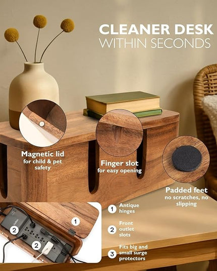 Cable Management Box & Cord Organizer- Cable Organizer for Desk, Home, Office. Hides Wires, Surge Protectors, Power Strips. Eco Friendly Mango Wood Cord Management Solution (Natural Acacia)