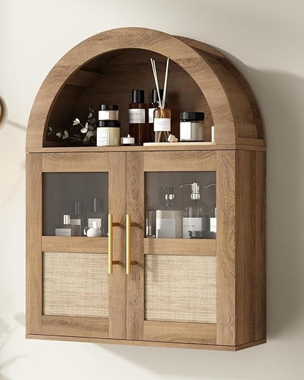 RUSTOWN Arched Bathroom Wall Cabinet, Rattan Medicine Cabinet with 2 Glass Doors, Farmhouse Over The Toilet Storage Cabinets with Adjustable Shelves, 3-Tier Wall Mounted Cabinets