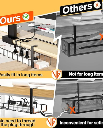 3 Pack Cable Management Under Desk Tray, 47.1" No Drill Under Desk Wire Management with Upgraded Clamp, Metal Cord Organizers with Cable Organizers, PC Cord Organization Rack, Black