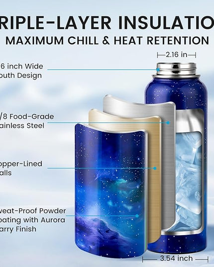 40oz Insulated Water Bottle, Triple Wall Vacuum Stainless Steel Water Bottles - Keeps Cold 48H, Reusable Metal water flask Jug for Gym, Sports, Camping, Hiking,Travel, Aurora-Purple