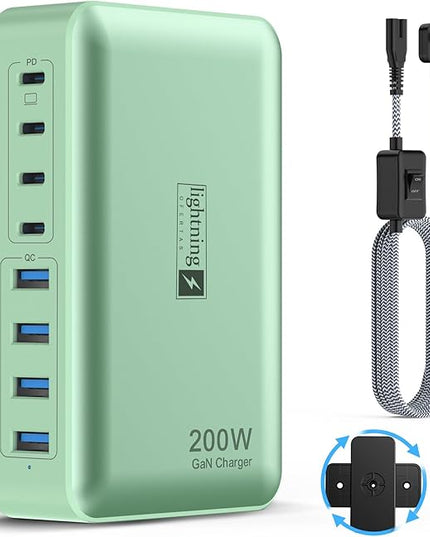 8-Port Multiple Charger Station 200W with Flat Plug, Braided Power Cord, and On/Off Switch- USB Charging Hub for iPhone, iPad, MacBook and More- 65W C Port Power Adapter for Laptops
