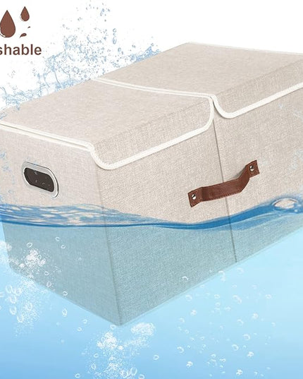 TYEERS Extra Large Collapsible Storage Bins with Lids and Compartments, Washable, Fabric Storage Boxes, 21.7x13x11.8 inches, 1 Pack, Beige