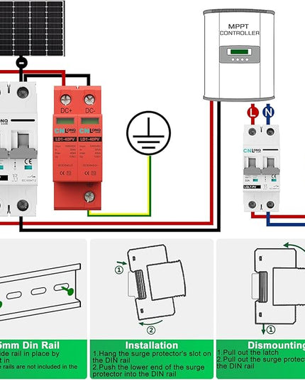 2P 40KA Voltage Surge Protector DC 1000V Solar PV Lightning Arrester Device for Rv, Home Lightning Protection System 35mm DIN Rail Mount (2pcs)