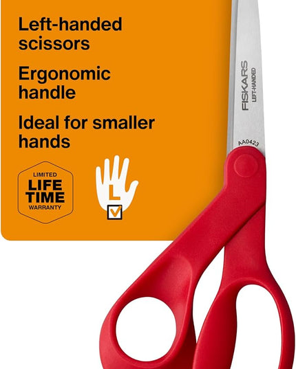 Fiskars Petite Left Handed Scissors, Crafting and Sewing Stainless Steel Scissors for Smaller Hands, Ergonomic Handle, Paper and Fabric Supplies for Office, Arts, and Crafts, Red